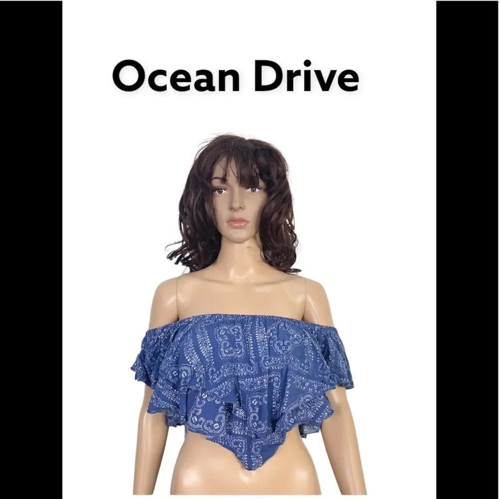 Ocean Drive blue white handkerchief print ruffle gipsy bandeau crop top L